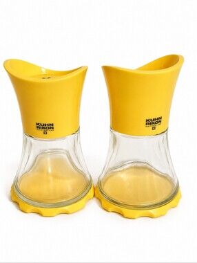 Vintage Kuhn Rikon Switzerland Yellow Glass Salt Pepper Grinders MCM Pair